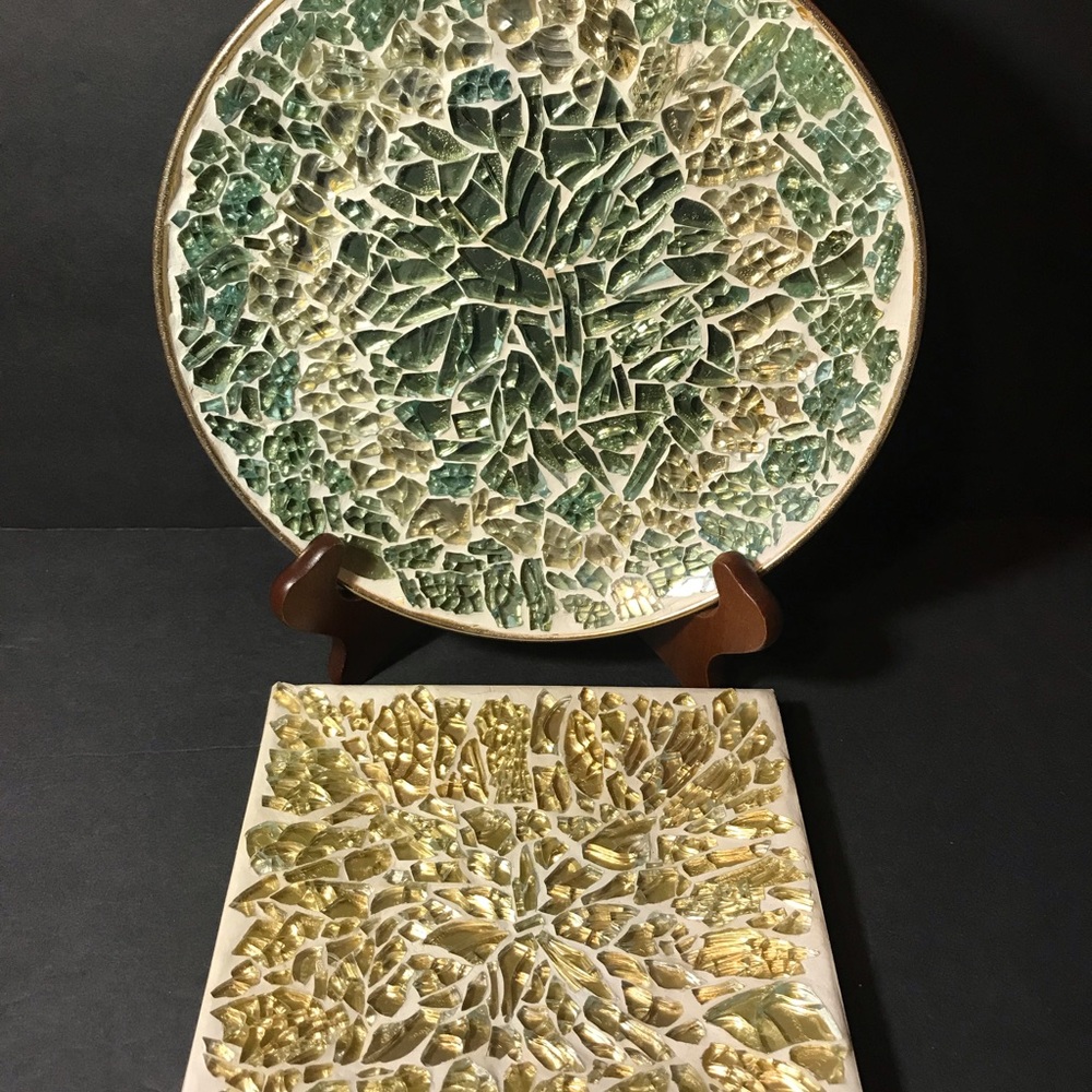 2 Mosiac Tiles Shared Glass Plates Trivets For Decorative Made In Japan